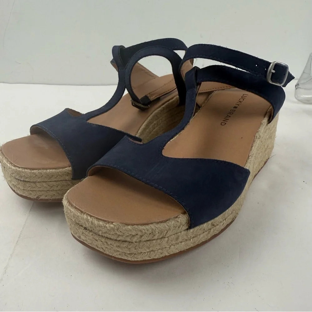 Lucky Brand Womens 8.5 Valki Espadrille Wedge Sandal Navy Blue Suede